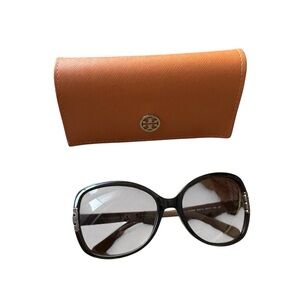 Tory Burch large sunglasses brown black leather case orange gold logo summer